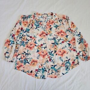 Fig + Flower Floral Blouse Womens 2X Peach Orange Boho Ruffle Balloon Sleeve